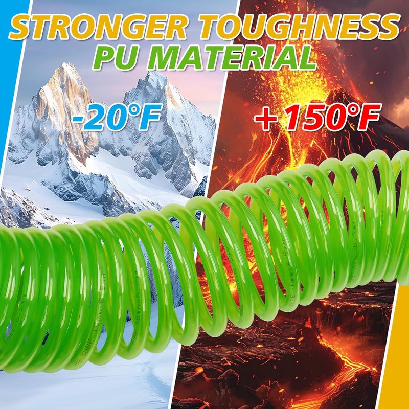 BOTSROOM Air Compressor Hose 1/4 in x 25 ft PU Air Hose Kit with 1/4" Industrial Air Fittings and Bend Restrictors, Working Pressure of 300 PSI, Green - Image 4